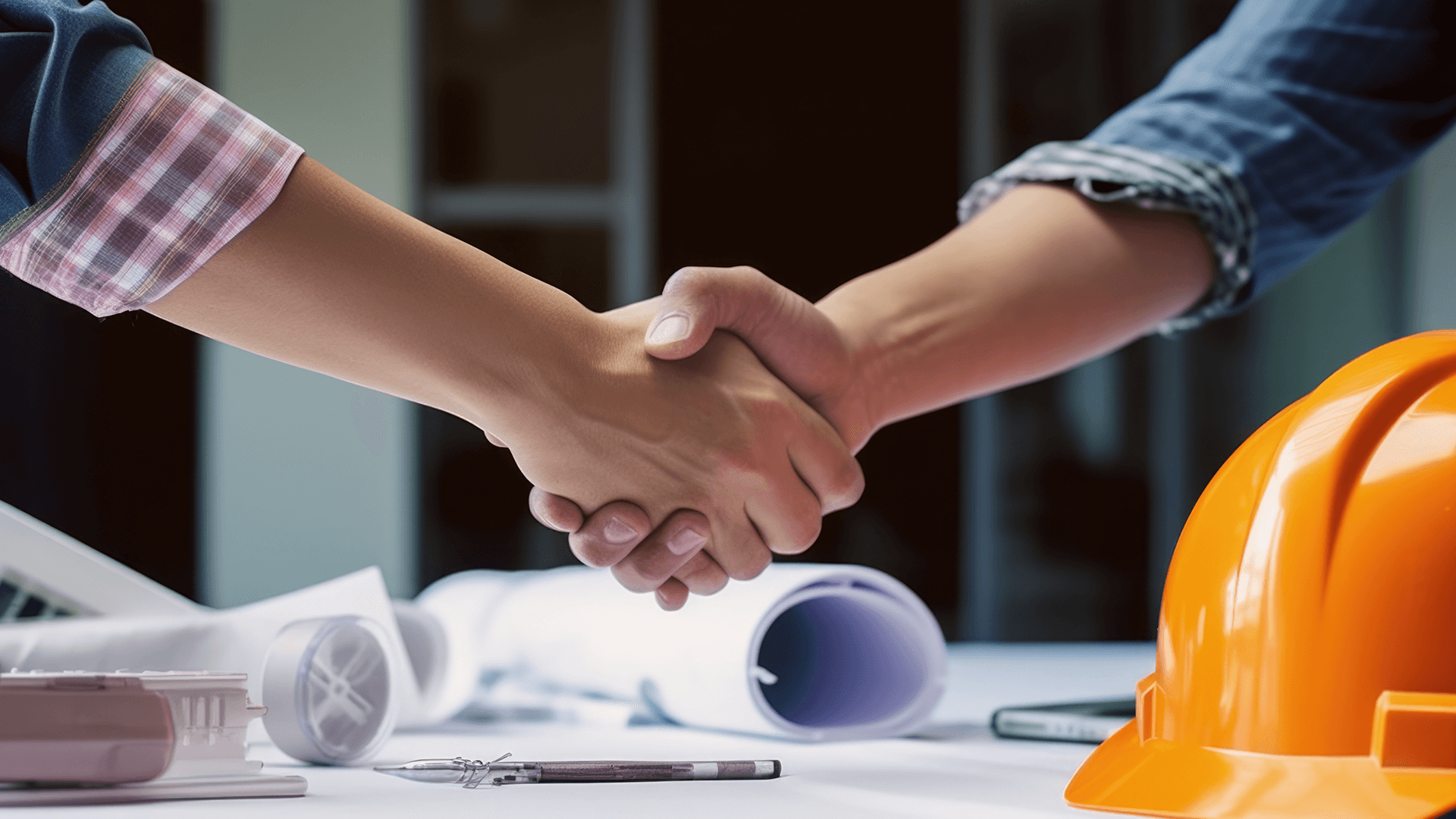 Two people shaking hands over blueprints and a construction hat
